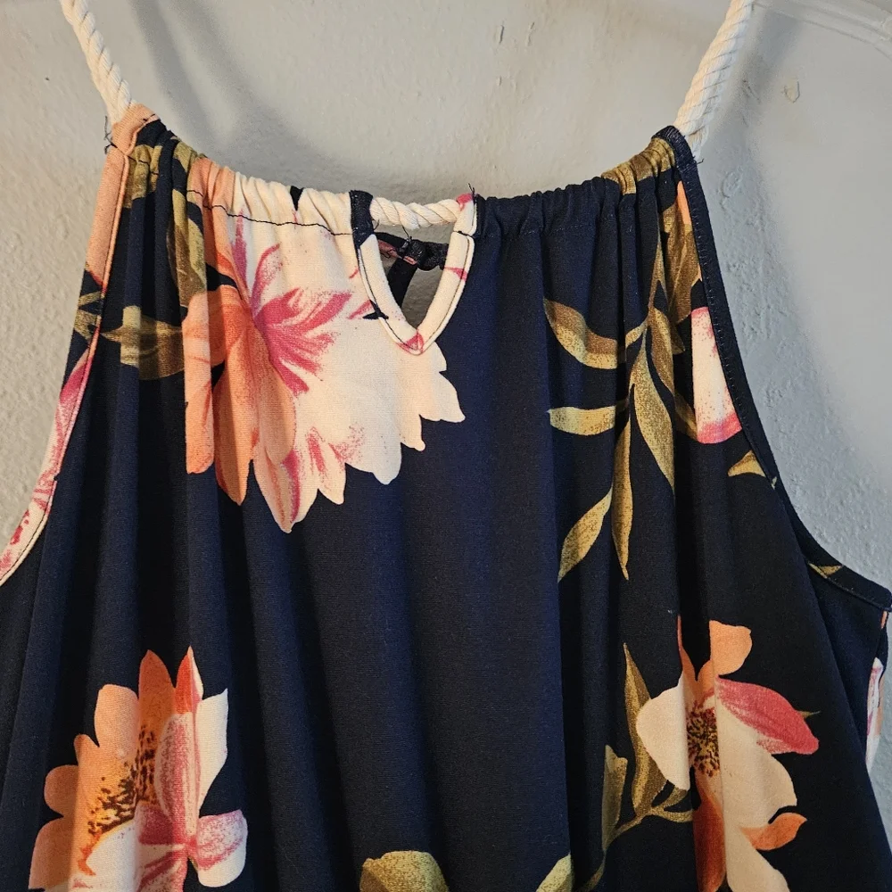 Floral Navy Blue Sleeveless Dress Size 18 Scarf Drape Hem - Picture 9 of 10